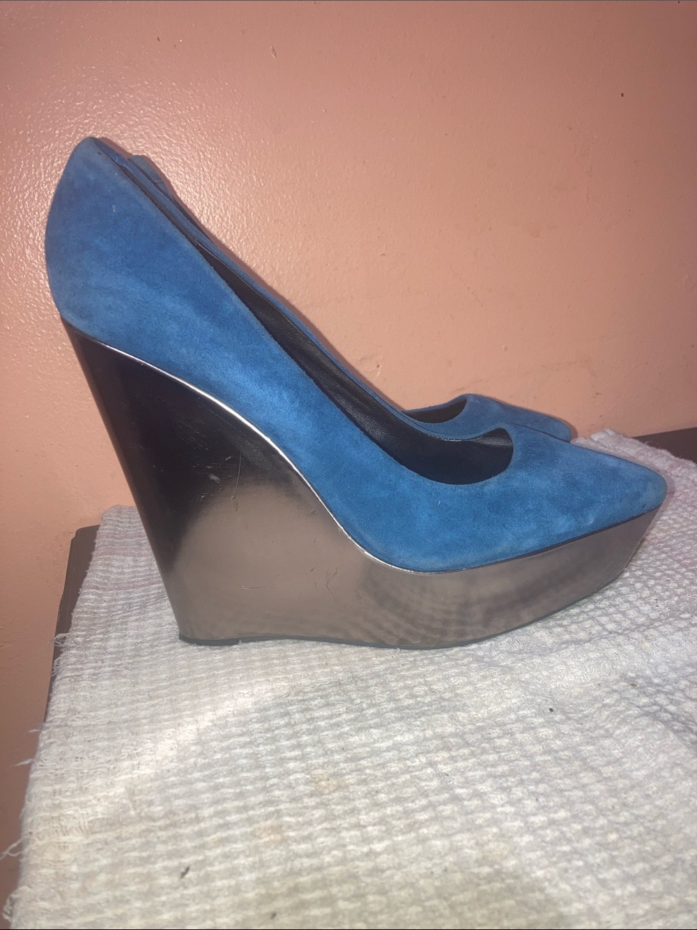 Aldo Cobalt Suede Wedge Pumps with Metallic Platform